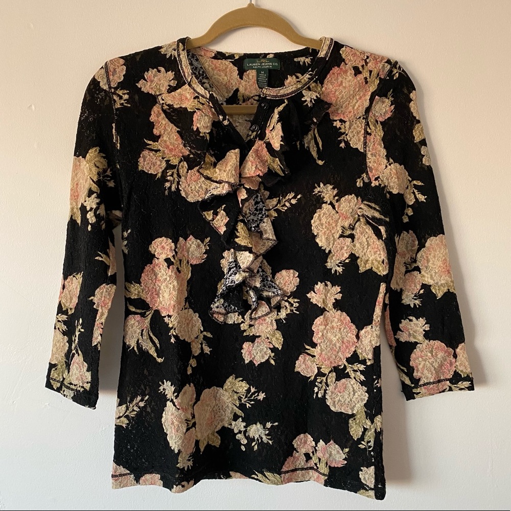 Lauren jeans co. By Ralph Lauren lace floral blouse with ruffle detail